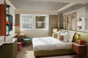 A bedroom with a bed, bedside table, lamp, chair, and a window with curtains.