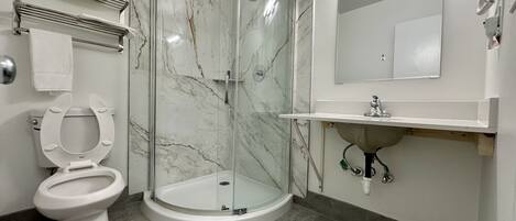 Shower, free toiletries, hair dryer, towels