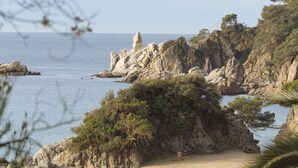 Paesaggio costiero con scogliere rocciose, spiaggia sabbiosa e vegetazione lussureggiante.