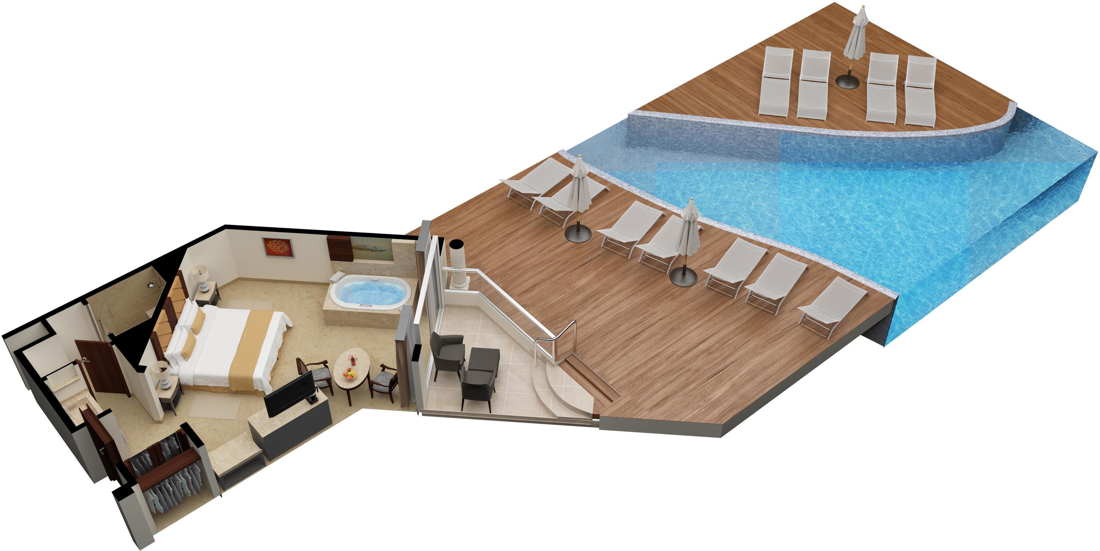 A 3D layout of a hotel room with a balcony, a hot tub, and a pool area with sun loungers.