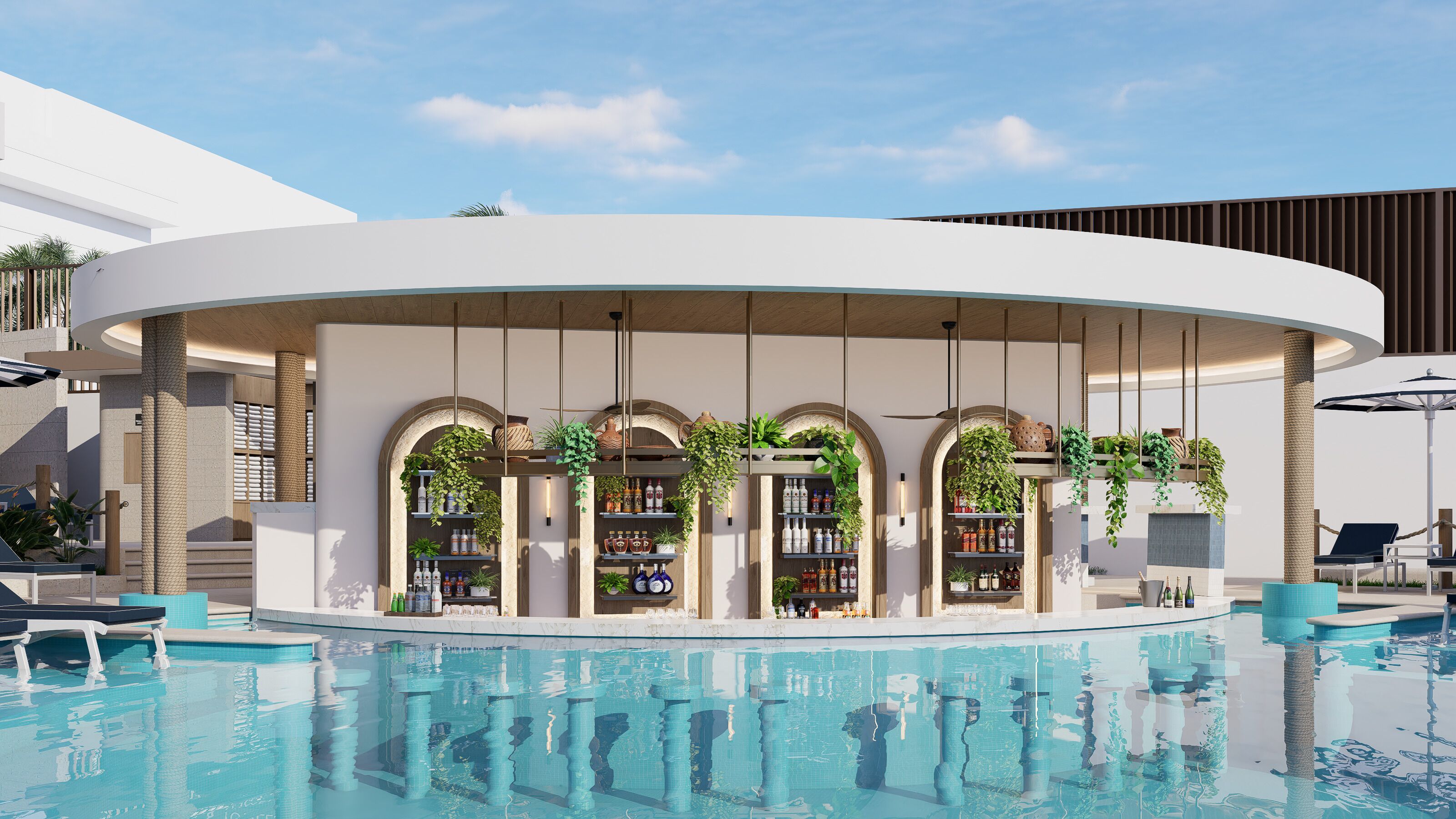 6 bares o lounges, 2 bares junto a la alberca 