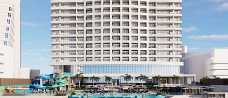 Un hôtel moderne doté d’une grande piscine, d’un espace extérieur aménagé et d’un toboggan aquatique.