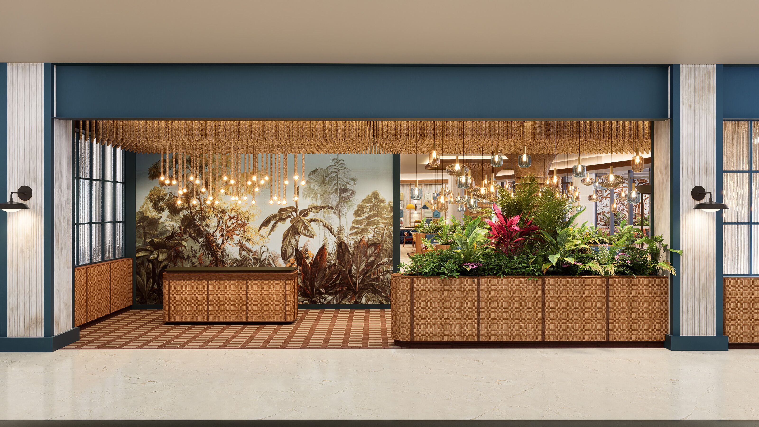 A lobby with a checkered floor, a large plant display, and hanging lights.