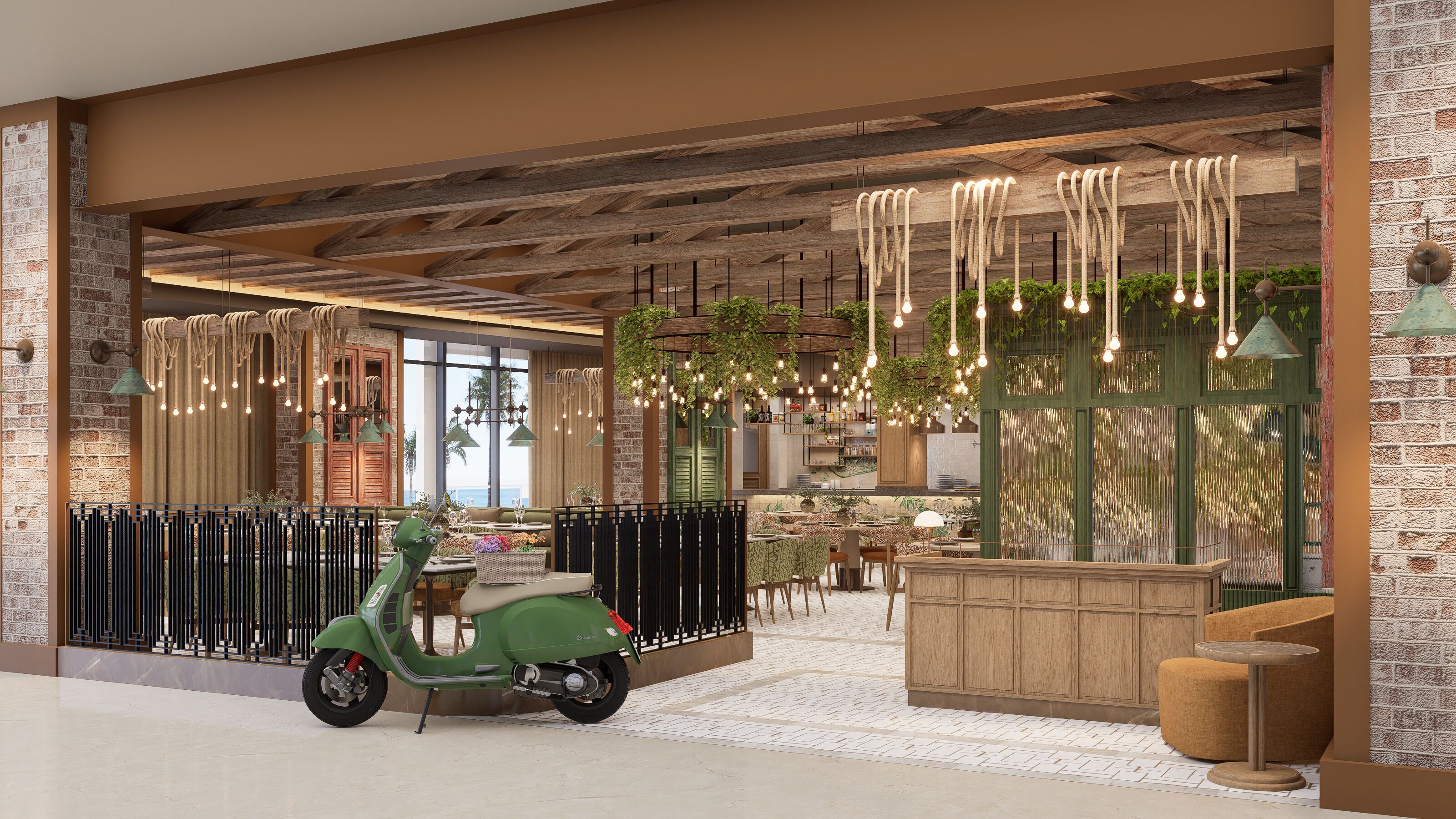 A modern interior with a green scooter, wooden ceiling, hanging plants, and a bar area.