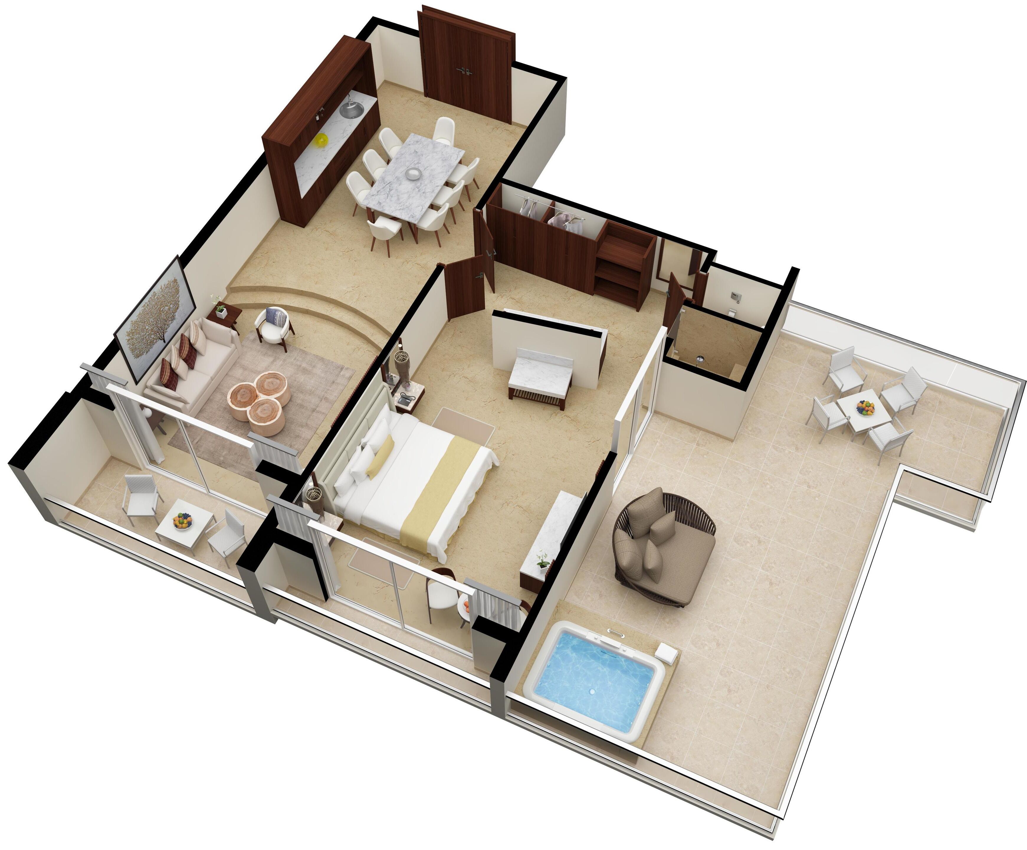 Plano de planta en 3D de un apartamento moderno con sala de estar, comedor, cocina, dormitorio, baño y una pequeña área de piscina.