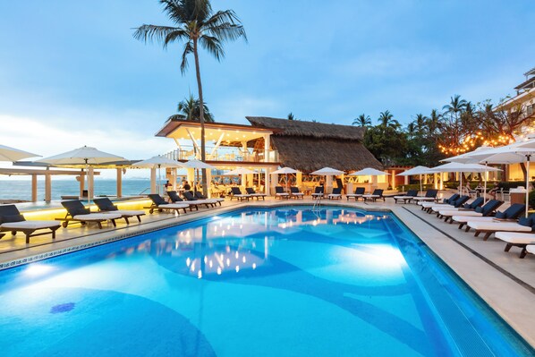 2 outdoor pools, open 7:00 AM to 8:00 PM, pool umbrellas, sun loungers