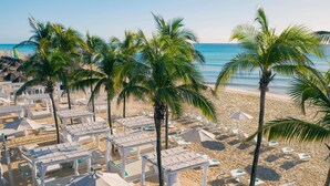 A beach with rows of white sunbeds and palm trees, a clear blue sky, and the ocean in the background. - Iberostar Waves Quetzal - All Inclusive (Playa del Carmen)