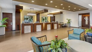 A reception area with a wooden reception desk, multiple seating options, and potted plants.