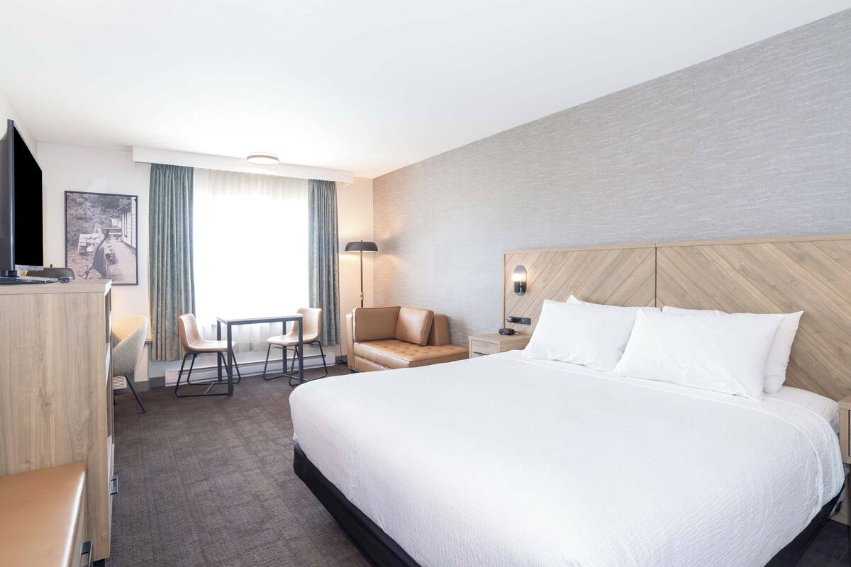 A hotel room with a large bed, a desk, a chair, a sofa, and a television.