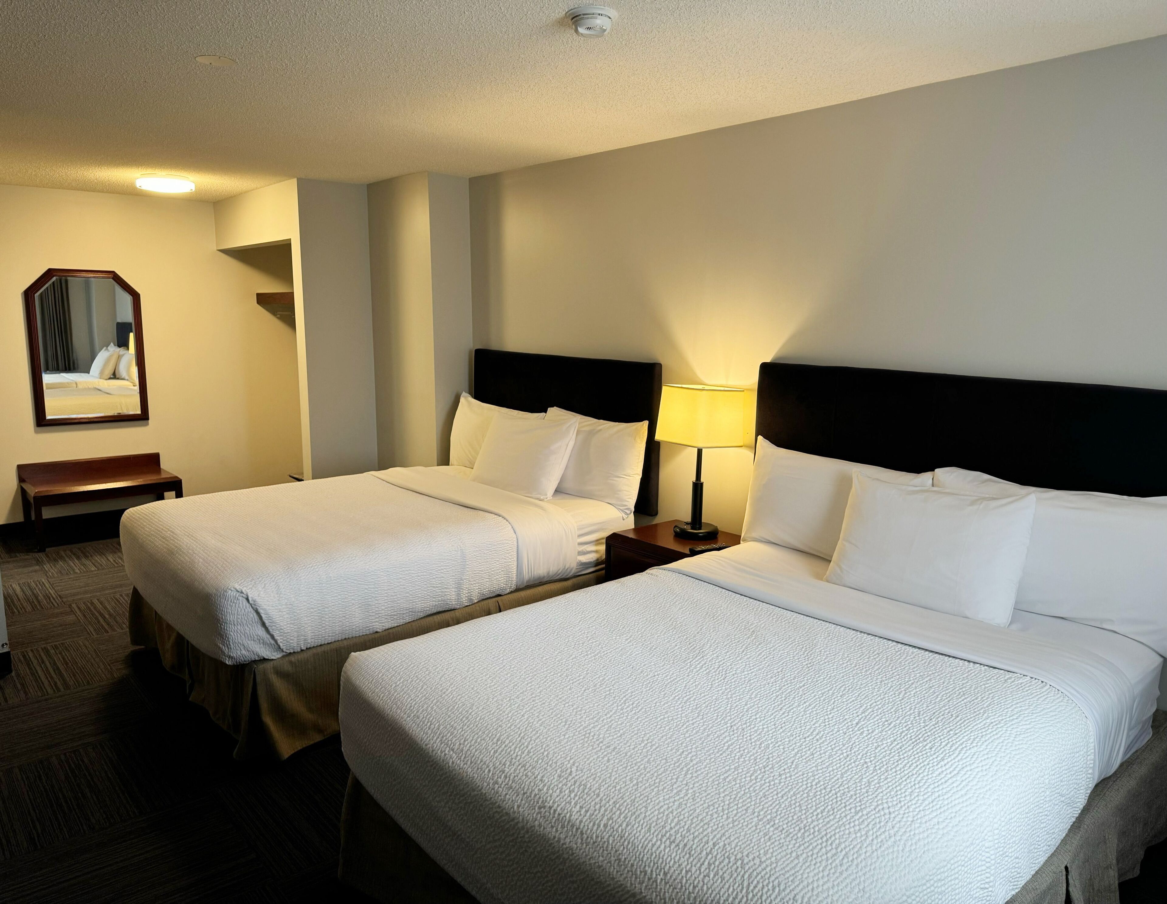 Quarto de hotel com duas camas, uma mesa de cabeceira com abajur, um banco e um espelho na parede.