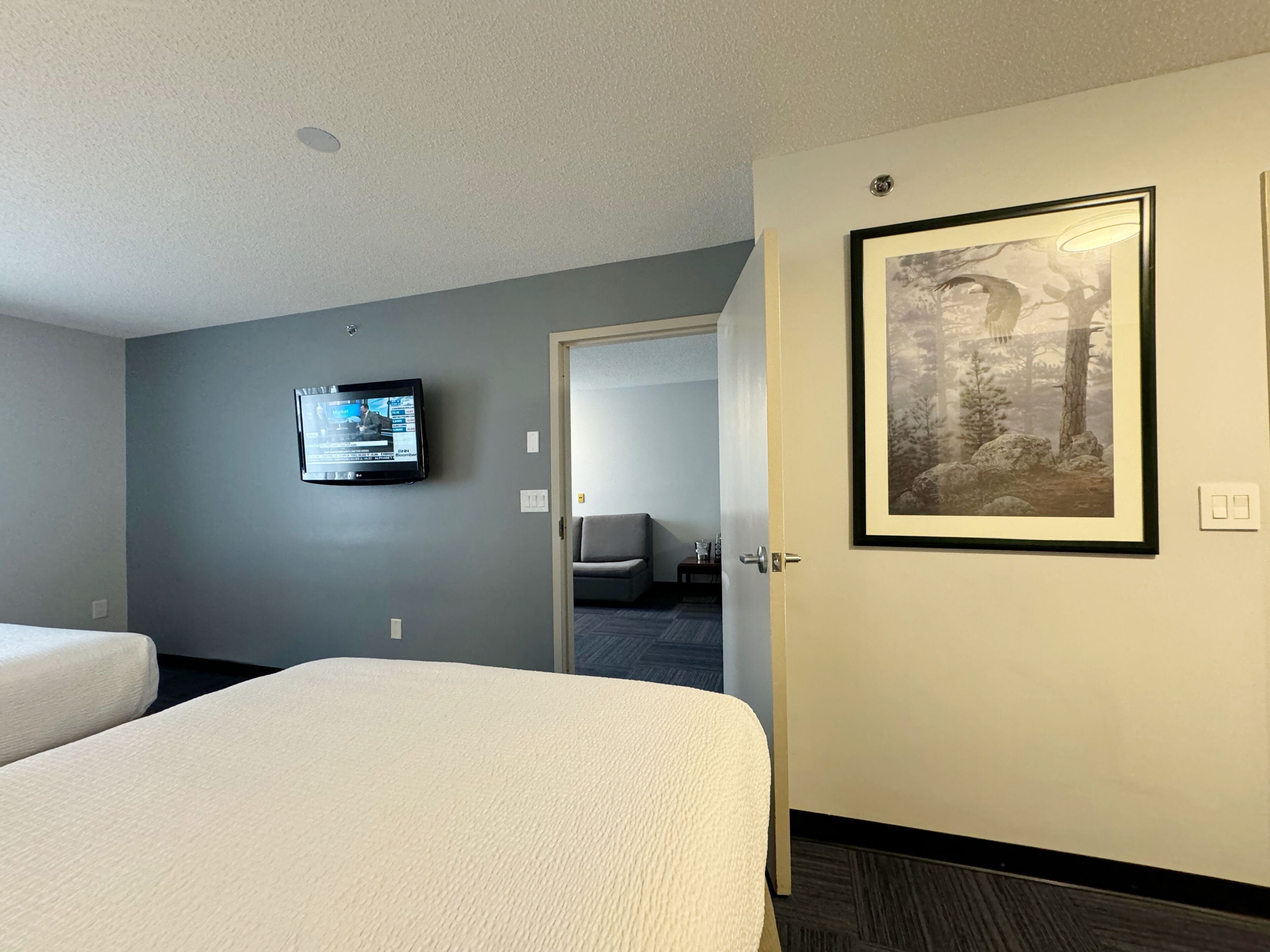 Habitación de hotel con dos camas, un televisor montado en la pared y un cuadro en la puerta.