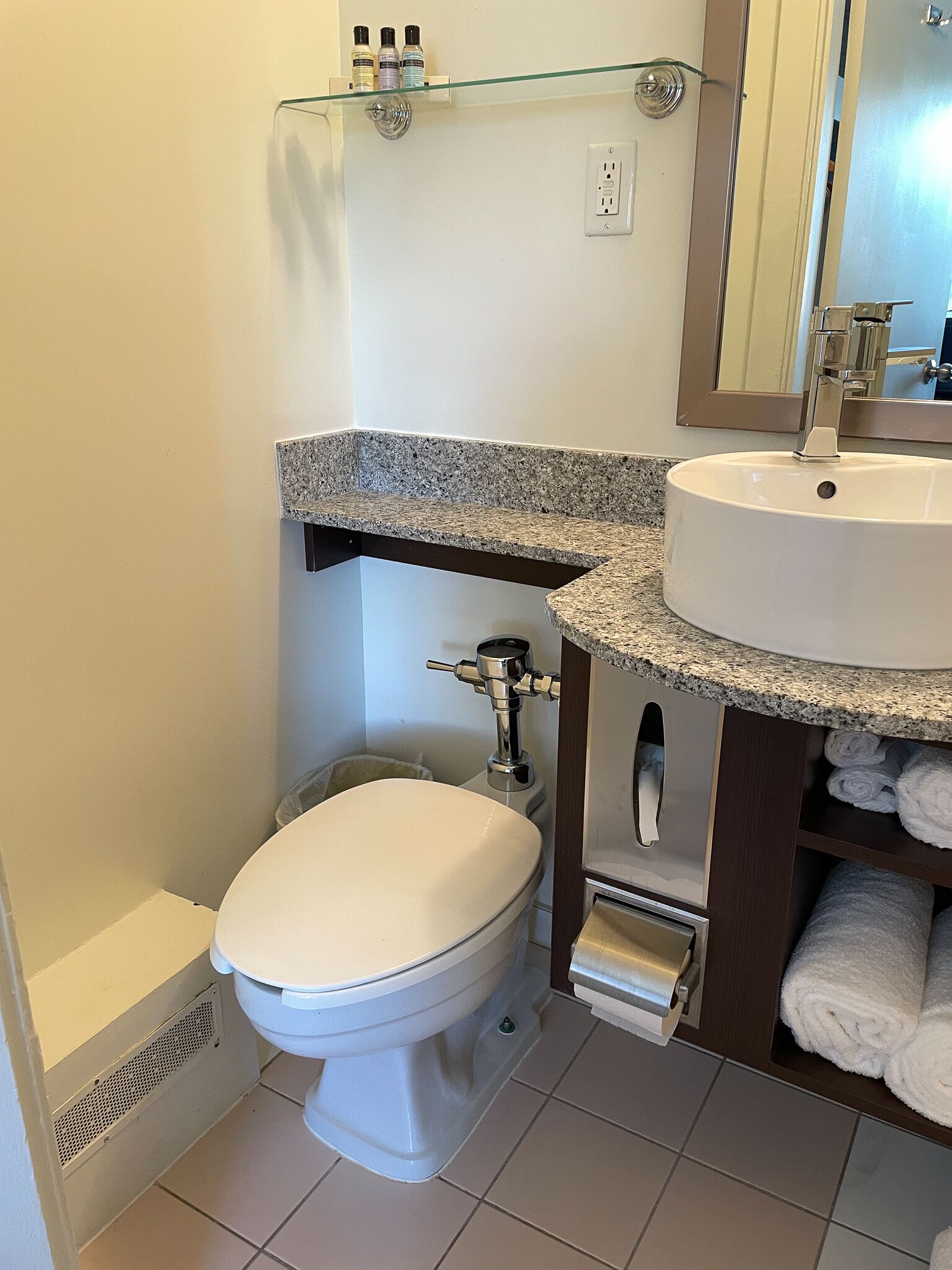combined shower/bathtub, free toiletries, hair dryer, towels