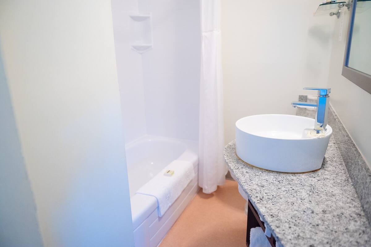 standard room, 2 double beds | bathroom | combined shower/bathtub, free toiletries, hair dryer, towels