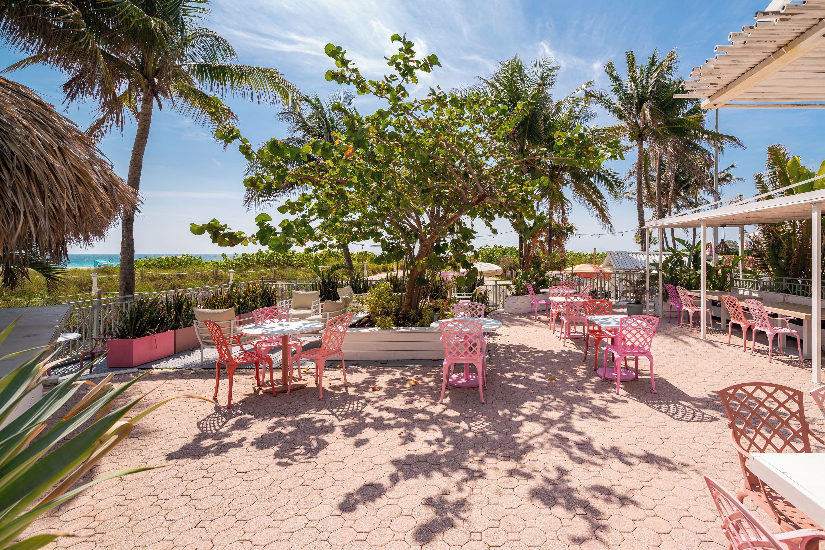 Un área de patio al aire libre con baldosas hexagonales, sillas y mesas rosadas, rodeado de palmeras y vistas al océano.