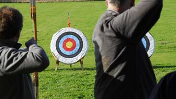 Two archery targets in a grassy field.