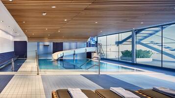 Indoor pool, outdoor pool, sun loungers