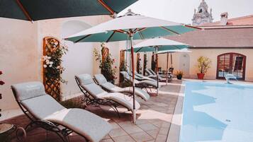 Indoor pool, outdoor pool, sun loungers