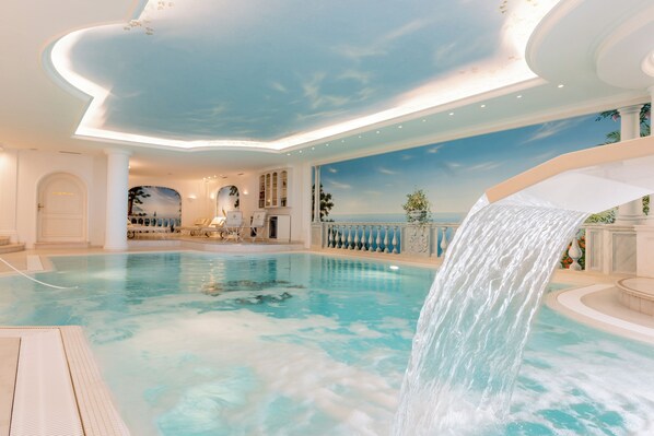 Indoor pool, outdoor pool, pool loungers