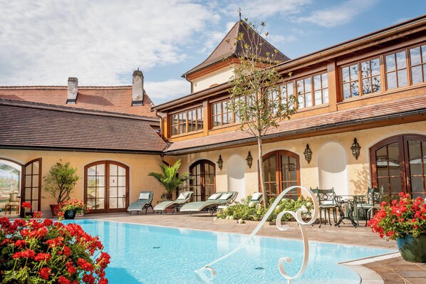 Indoor pool, outdoor pool, pool loungers