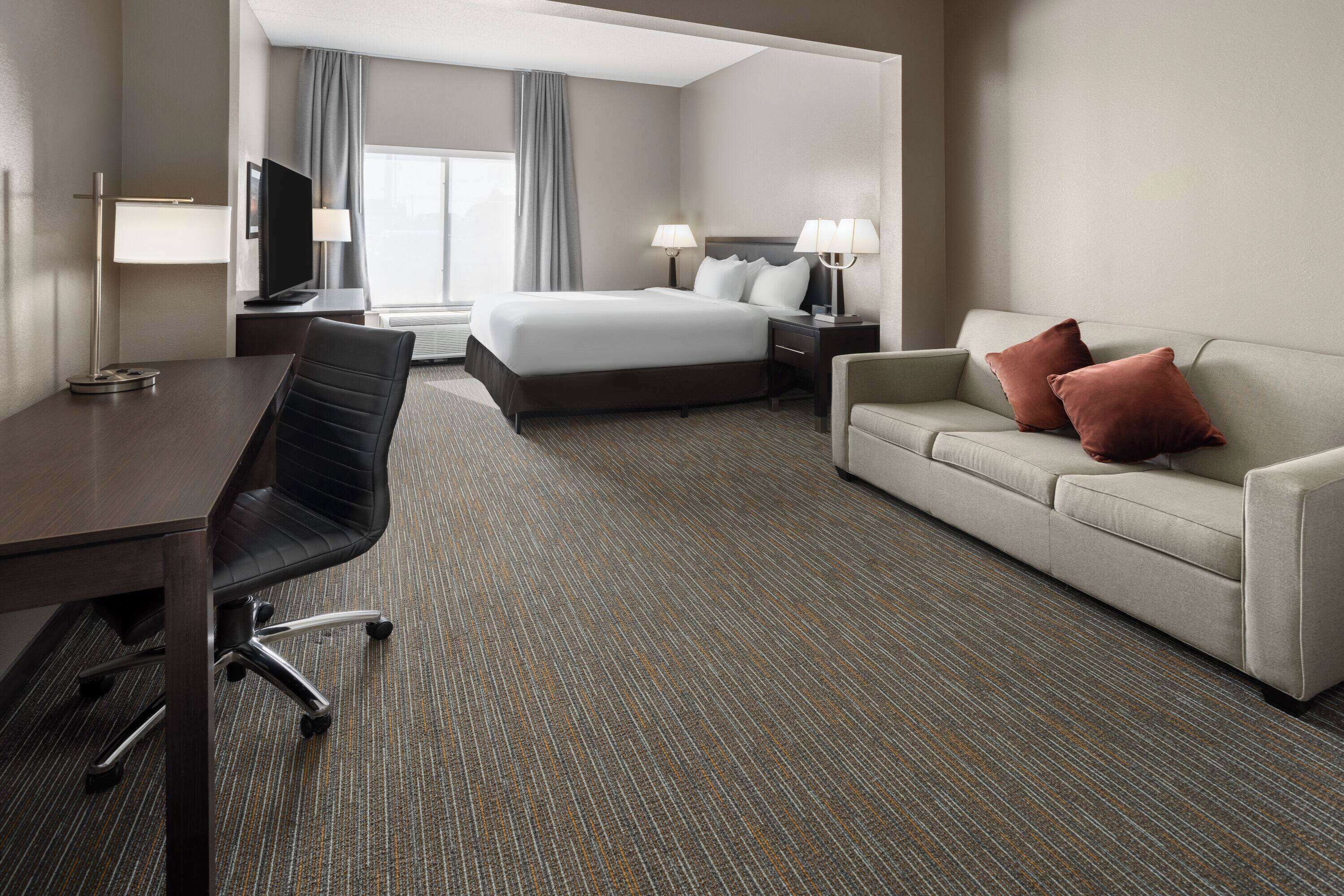 Una habitación de hotel con cama, escritorio, silla, sofá y televisión.