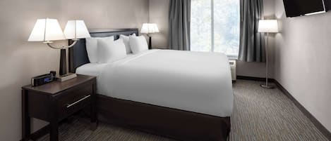 A hotel room with a large bed, two bedside tables with lamps, a flat-screen TV mounted on the wall, and a window with curtains.