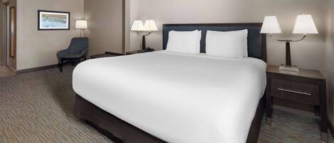 A hotel room with a large bed, two bedside tables with lamps, a chair, and a framed picture on the wall.