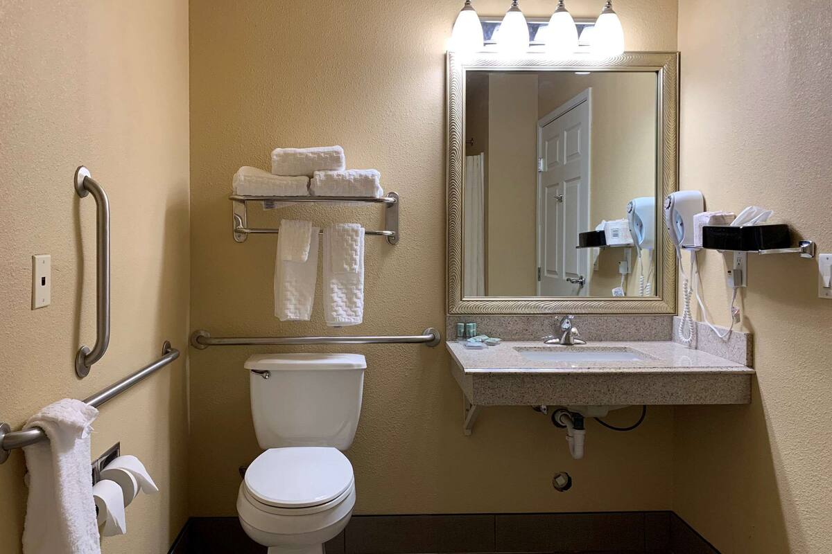 A bathroom with a toilet, sink, and mirror. There are handrails and a towel rack.