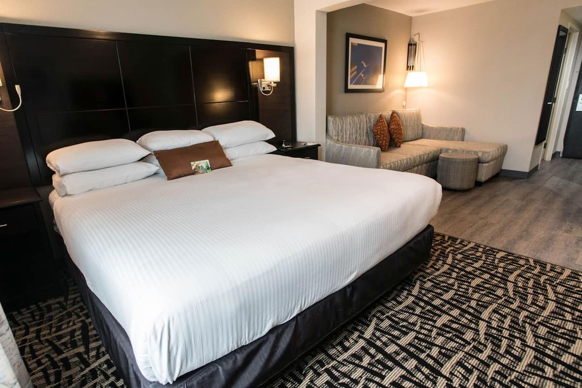 A hotel room with a large bed, a nightstand, a seating area with a couch and ottoman, and a wall-mounted lamp.