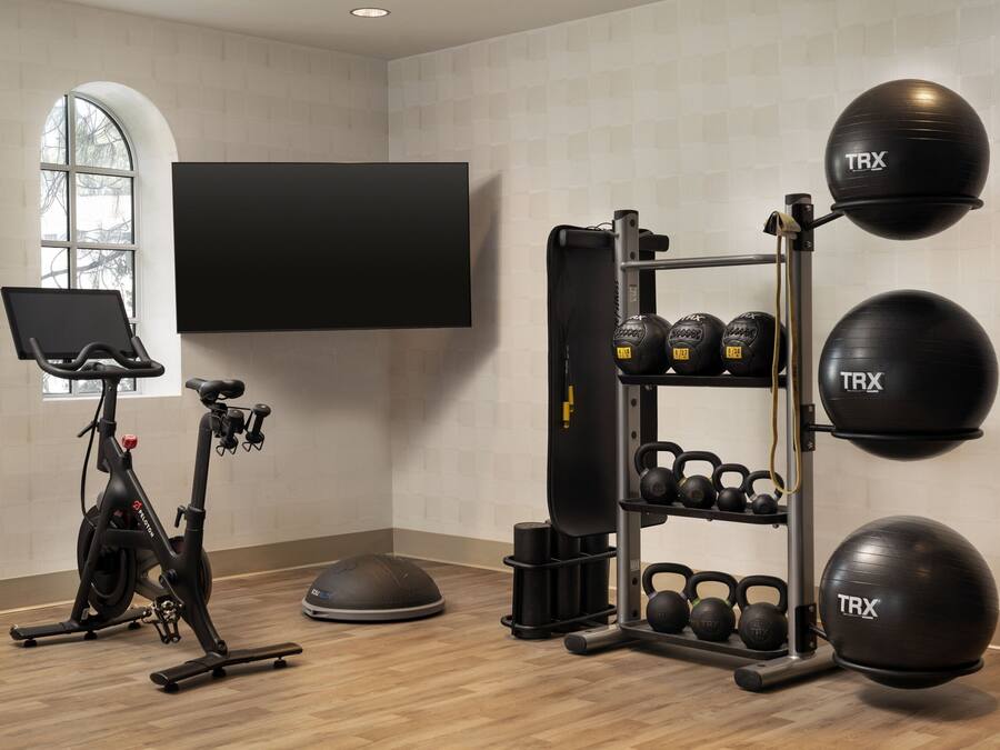 Un gimnasio con una bicicleta estática, una estructura para sentadillas, entrenadores TRX de suspensión y kettelbells.