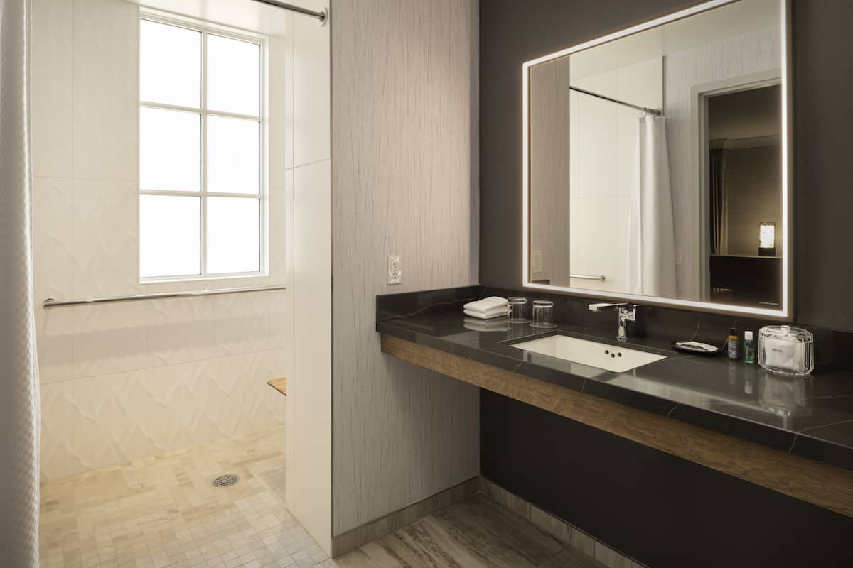 A modern bathroom with a walk-in shower, a large mirror, and a dark countertop.