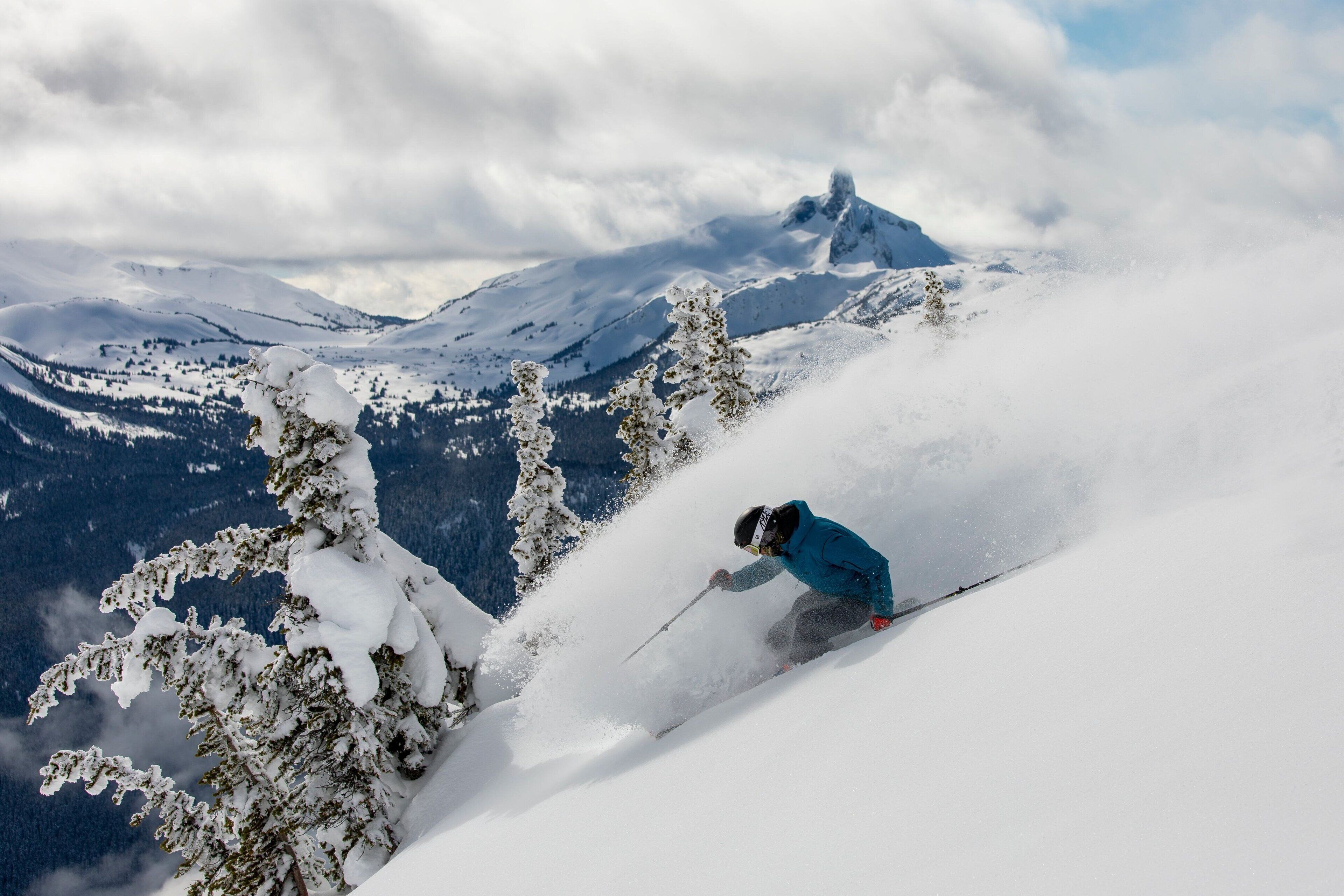 A skier on a snowy slope with snow-covered trees and mountains in the background.