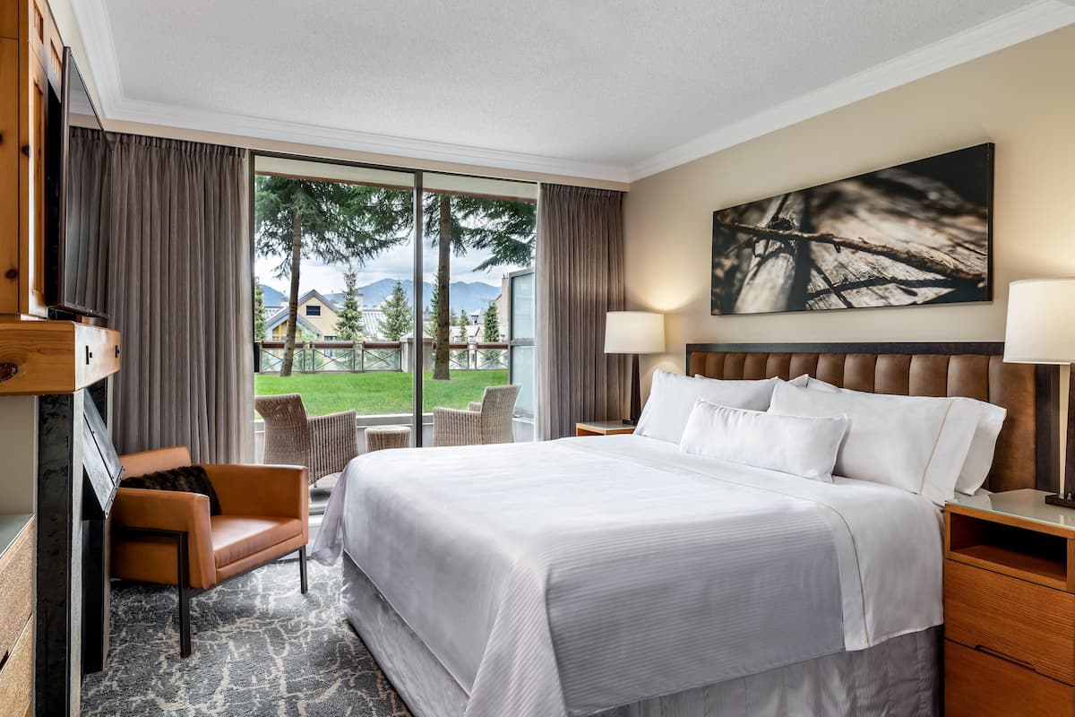 A hotel room with a large bed, a TV, a chair, and a view of the outdoors.