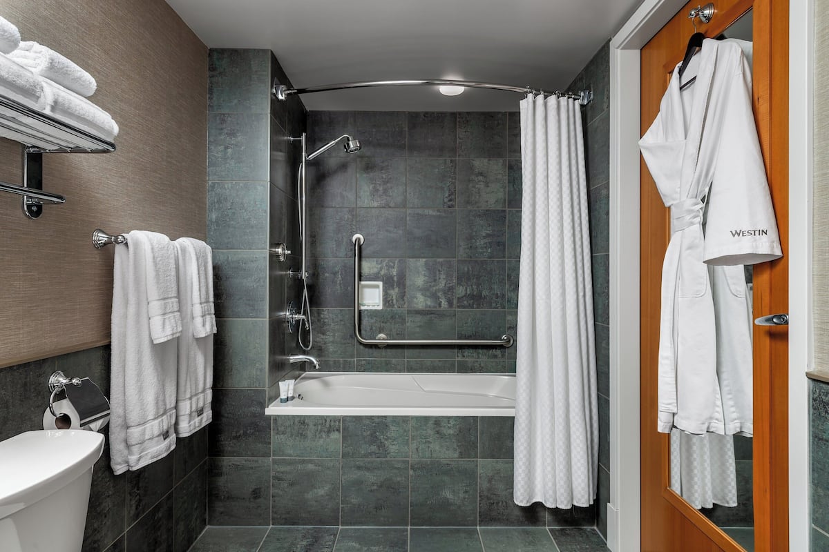 eco-friendly toiletries, hair dryer, bathrobes, towels