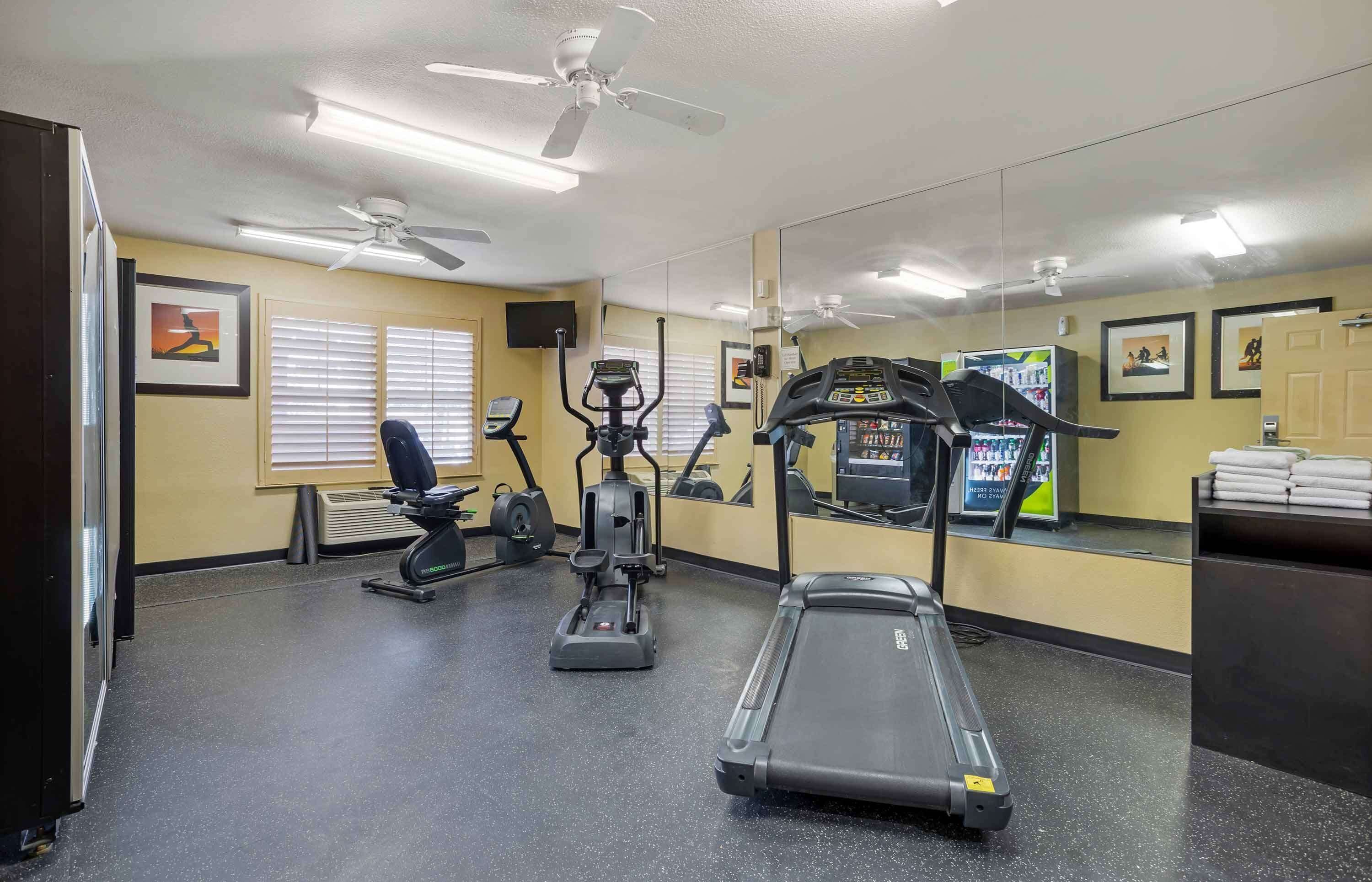 A gym with exercise equipment, a treadmill, and a mirrored wall.