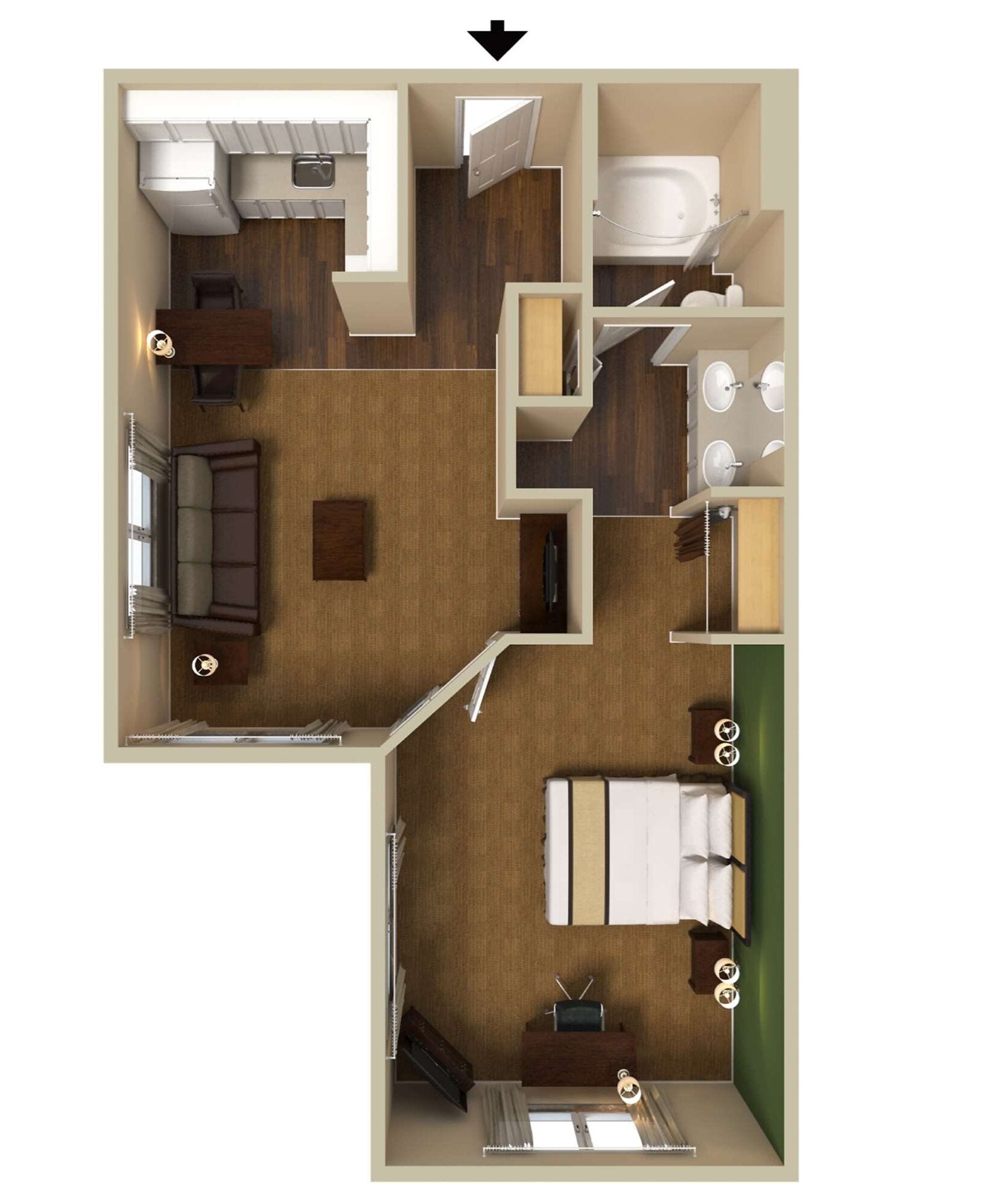 Distribución de un apartamento de dos habitaciones, con sala de estar, cocina y baño.