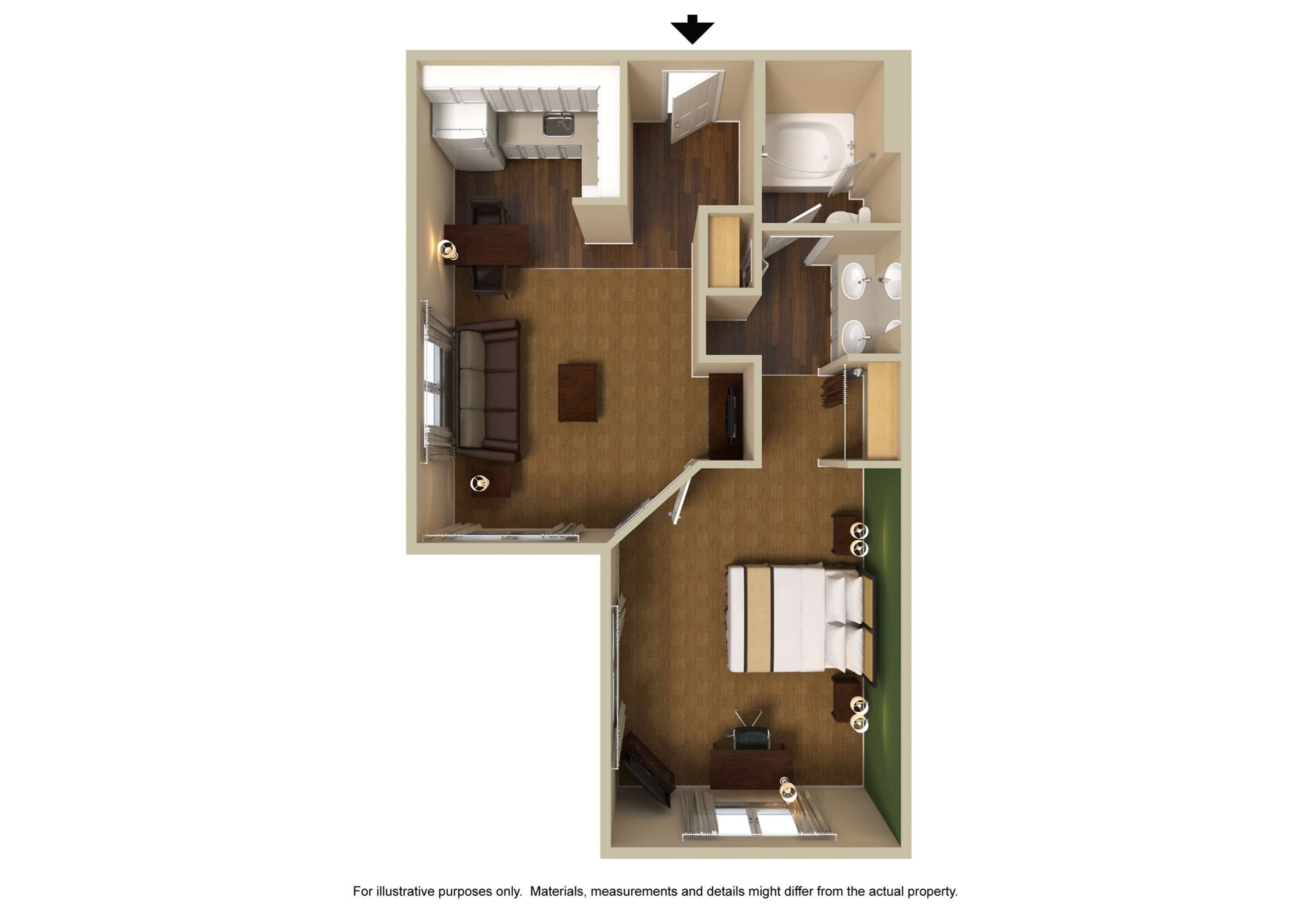Distribución de un apartamento de dos habitaciones con sala de estar, cocina, dos dormitorios, baño y balcón.
