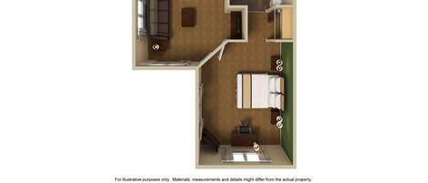 Distribución de un apartamento de dos habitaciones con sala de estar, cocina, dos dormitorios, baño y balcón.