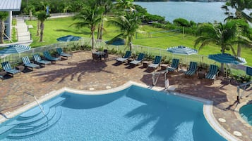 Outdoor pool, pool umbrellas, pool loungers