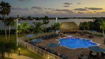 Outdoor pool, pool umbrellas, pool loungers