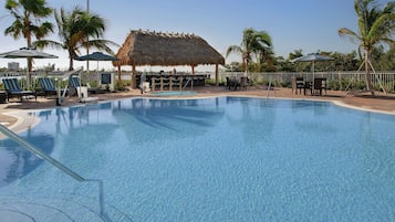 Outdoor pool, pool umbrellas, pool loungers