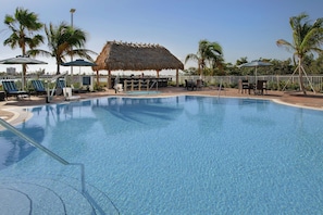 Outdoor pool, pool umbrellas, pool loungers
