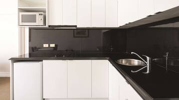 Fridge, microwave, electric kettle