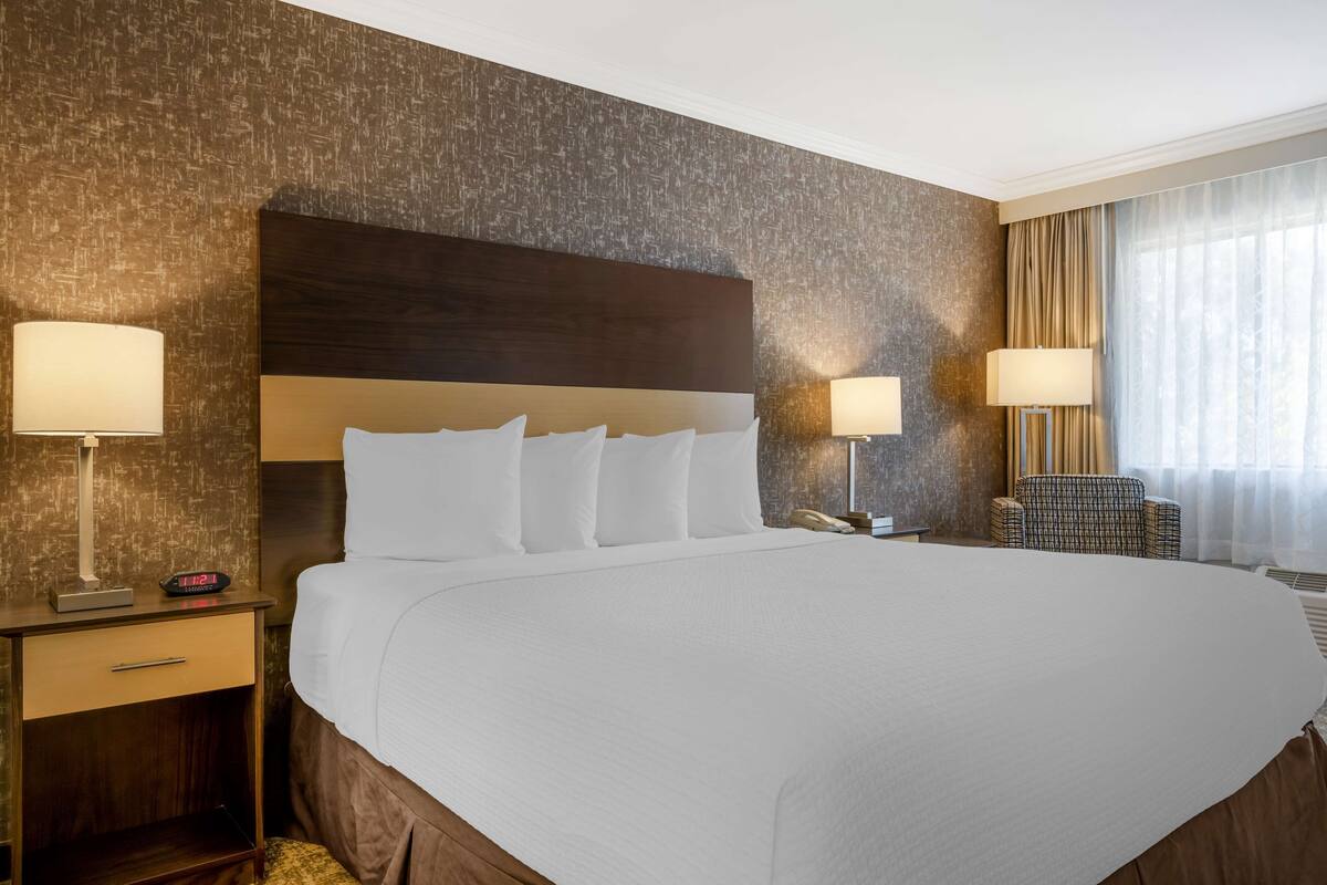 A large bed with a wooden headboard, two bedside lamps, a chair, and a window with curtains.