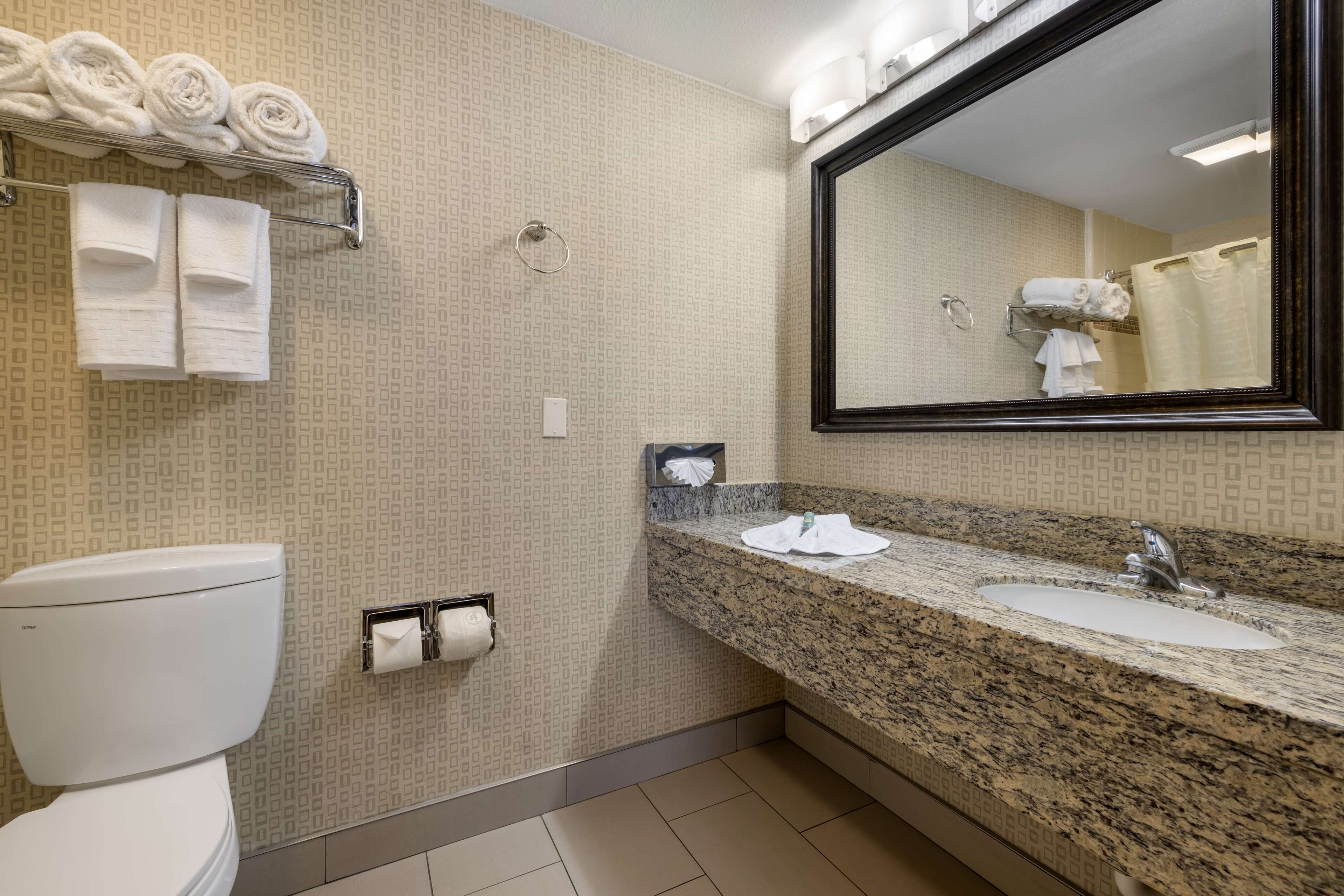 Un baño con inodoro, lavabo y espejo. Hay toallas en un perchero y un dispensador de toallas.