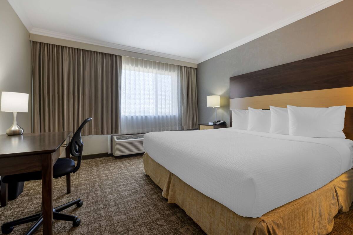 A hotel room with a large bed, a desk, a chair, and a lamp.