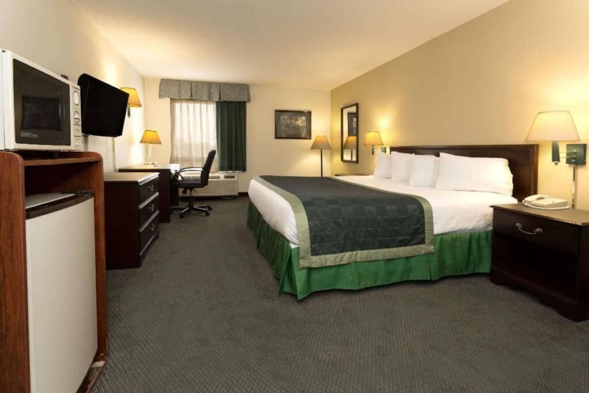 Une chambre d’hôtel équipée d’un lit, d’un bureau, d’une chaise, d’une télévision et de lampes.