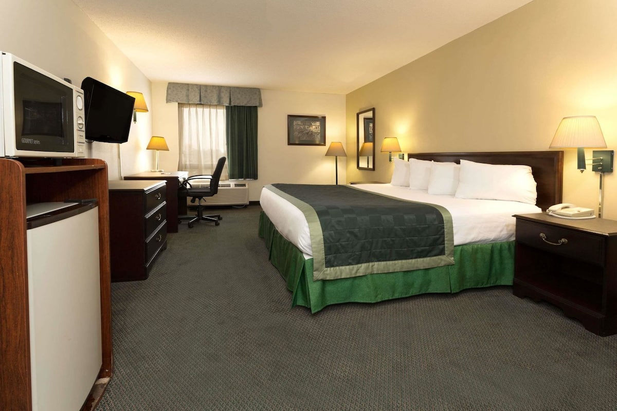 Une chambre d’hôtel équipée d’un lit, d’un bureau, d’une chaise, d’une télévision et de lampes.