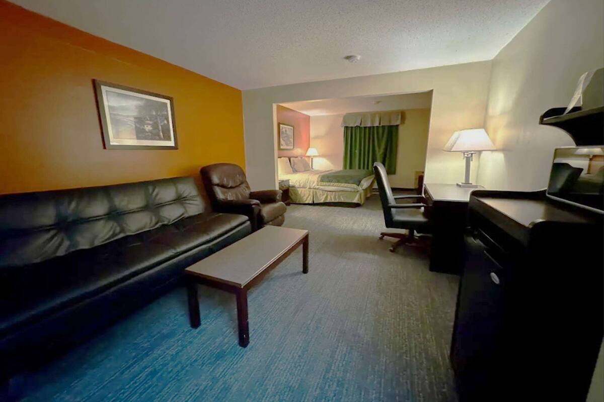 Une chambre d’hôtel avec un canapé en cuir, une petite table, un bureau avec une lampe, un lit avec un rideau vert et un tableau encadré au mur.