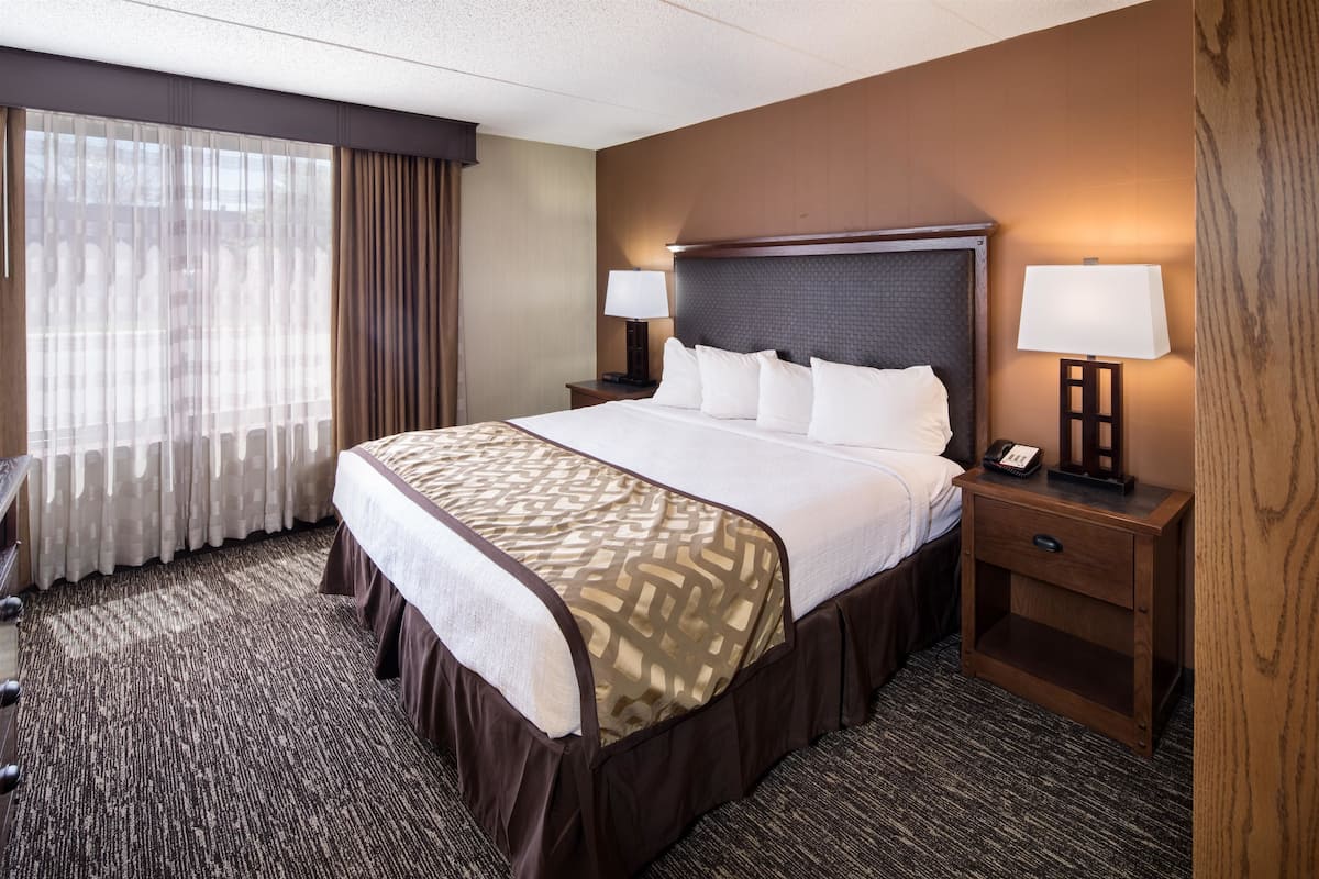Una habitación de hotel con una cama grande, dos mesitas de noche con lámparas, una mesita auxiliar de madera y piso alfombrado.