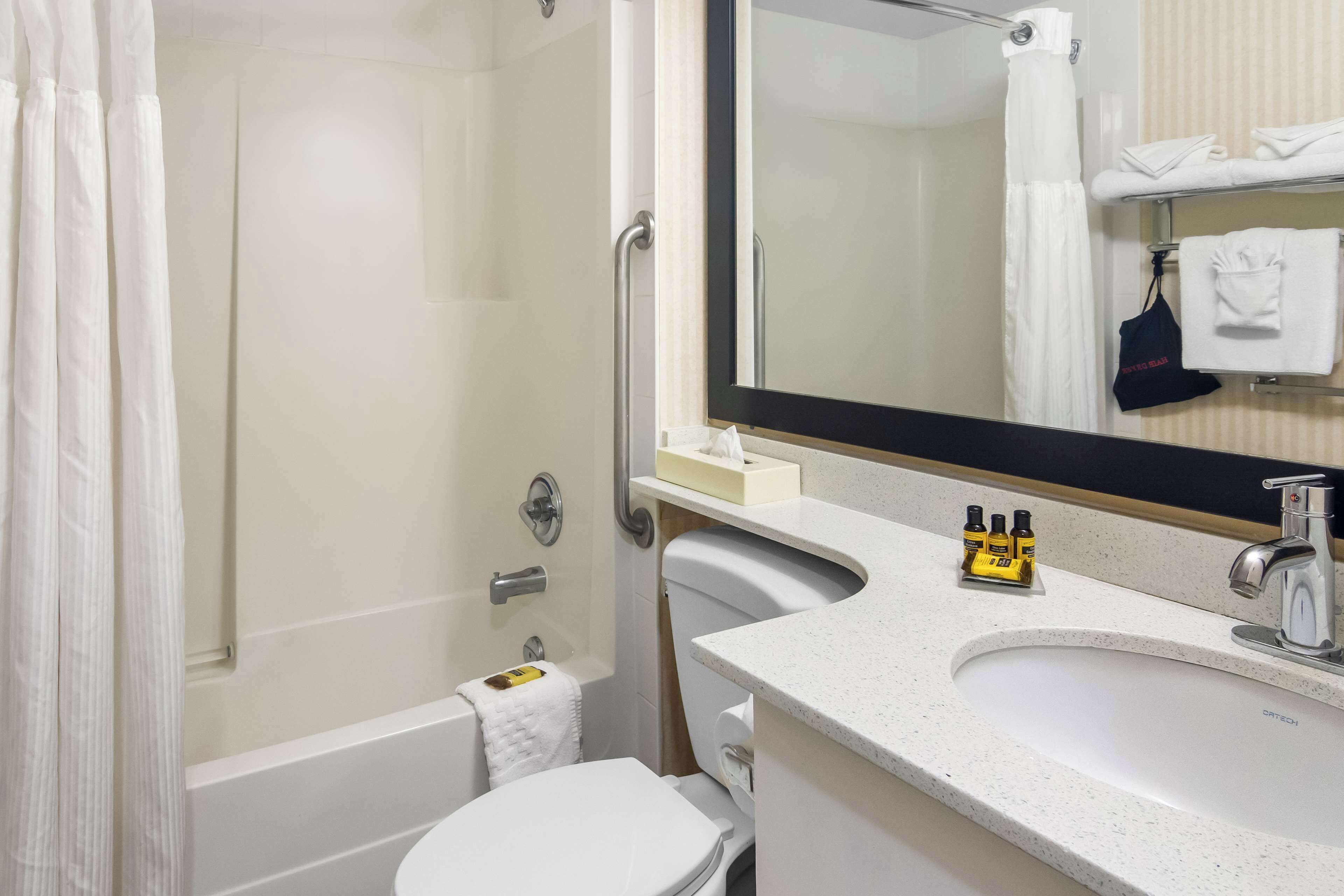 Un baño con ducha, inodoro, lavabo y espejo.